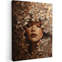 LEINWANDBILD Gesicht - Dame - Blätter - Pinselstriche Wandbild Wohnzimmer 60x80 cm - Goldfarben, Textil (60/80cm) - MuchoWow
