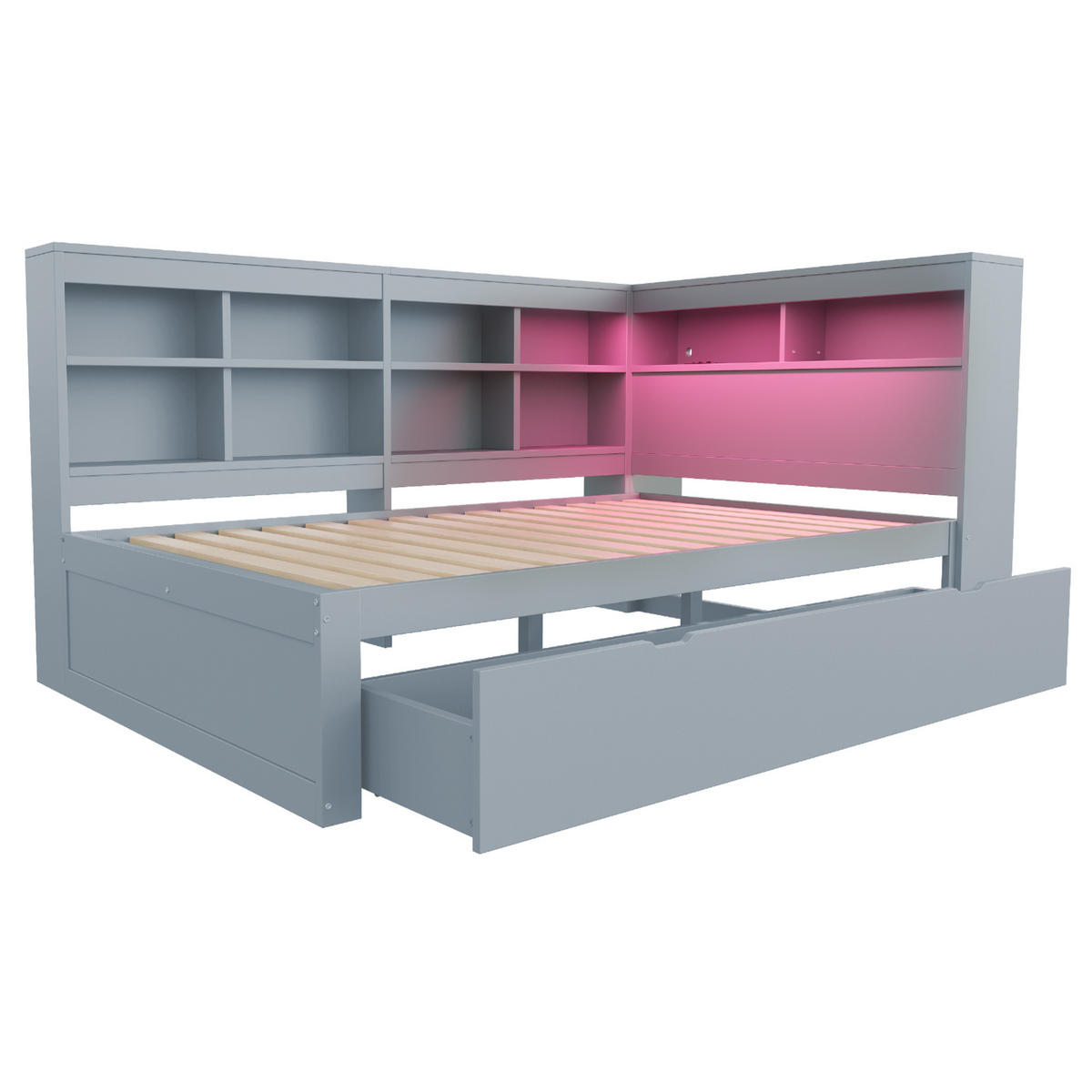 KINDERBETT 140/200 cm DE-01338, in Grau, mit USB, LED und 2 Schubladen - Grau, Holz (140/200cm) - ComfortXL