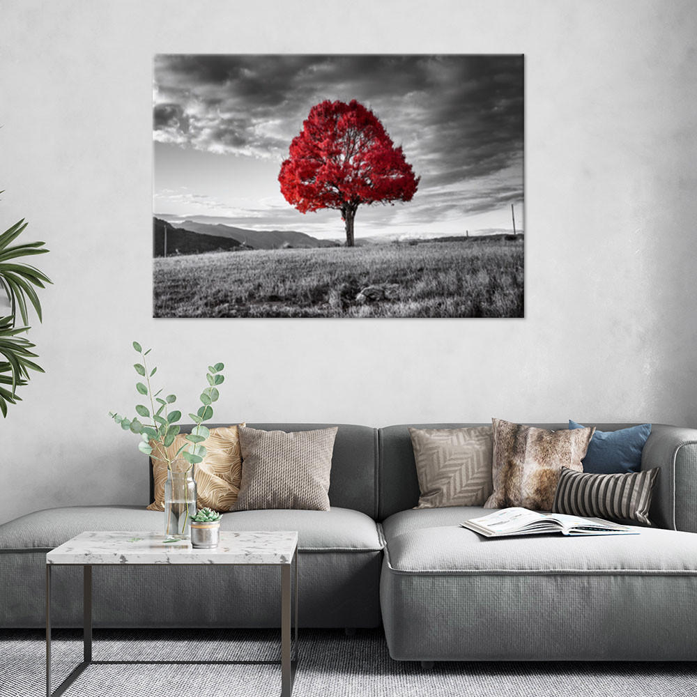 LEINWANDBILD Roter Baum in der Wiesenlandschaft 100x70cm - Grau, Textil (100/70cm) - Feeby
