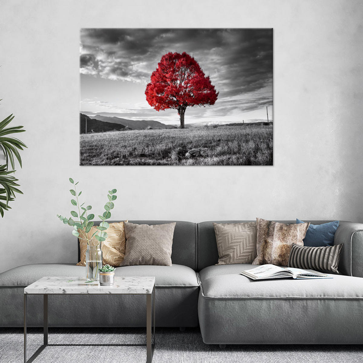 LEINWANDBILD Roter Baum in der Wiesenlandschaft 100x70cm - Grau, Textil (100/70cm) - Feeby