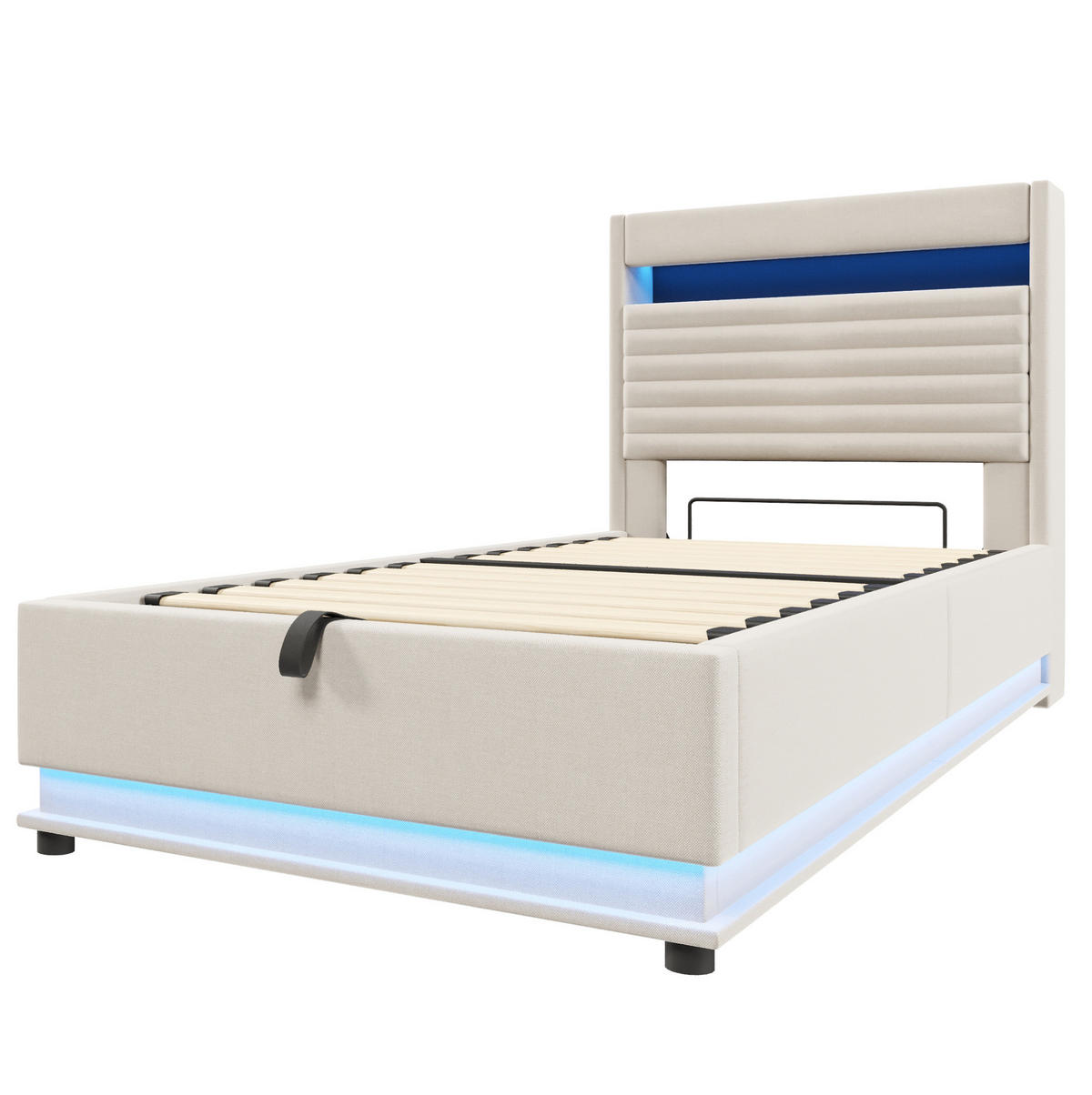 POLSTERBETT 90/200 cm Beige mit LED-Beleuchtung, USB- und Typ-C-Anschluss, hydraulischem Stauraum aus Leinen - Beige, Textil (90/200cm) - OKMYHOME