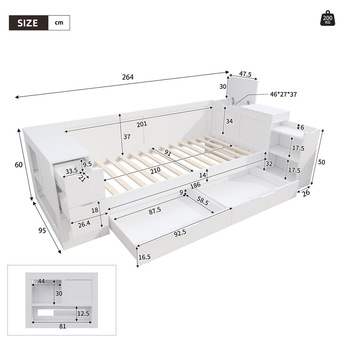 KINDERBETT 90/200 cm weiß aus MDF mit Schublade und Nachttisch - Weiß, Holzwerkstoff (90/200cm) - OKWISH