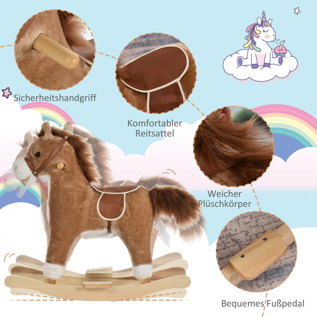 KINDER SCHAUKELTIER, Braun/Rosa, Plüsch+ Holz - Braun, Holz (32.5/61/65cm) - HOMCOM
