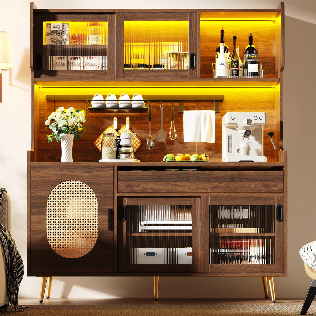 BUFFETSCHRANK aus MDF 145/39/171 cm mit LED-Beleuchtung und Lochwand, Braun - Braun, Holzwerkstoff (145/171/39cm) - Redom