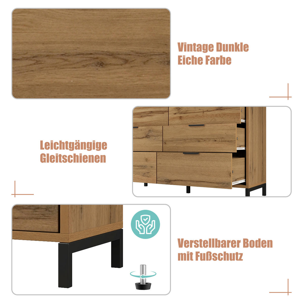 SIDEBOARD 120x40x76 cm Dunkle Eiche mit 6 Schubladen - Alteiche, Holzwerkstoff (120/76/40cm) - FLIEKS