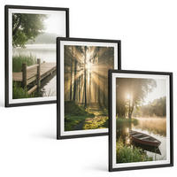 BILDER SET 3er Set - 40x60 cm Schwarzer Rahmen - See, Wald, Boot, Morgennebel - Schwarz, Kunststoff (40/60cm) - TULUP