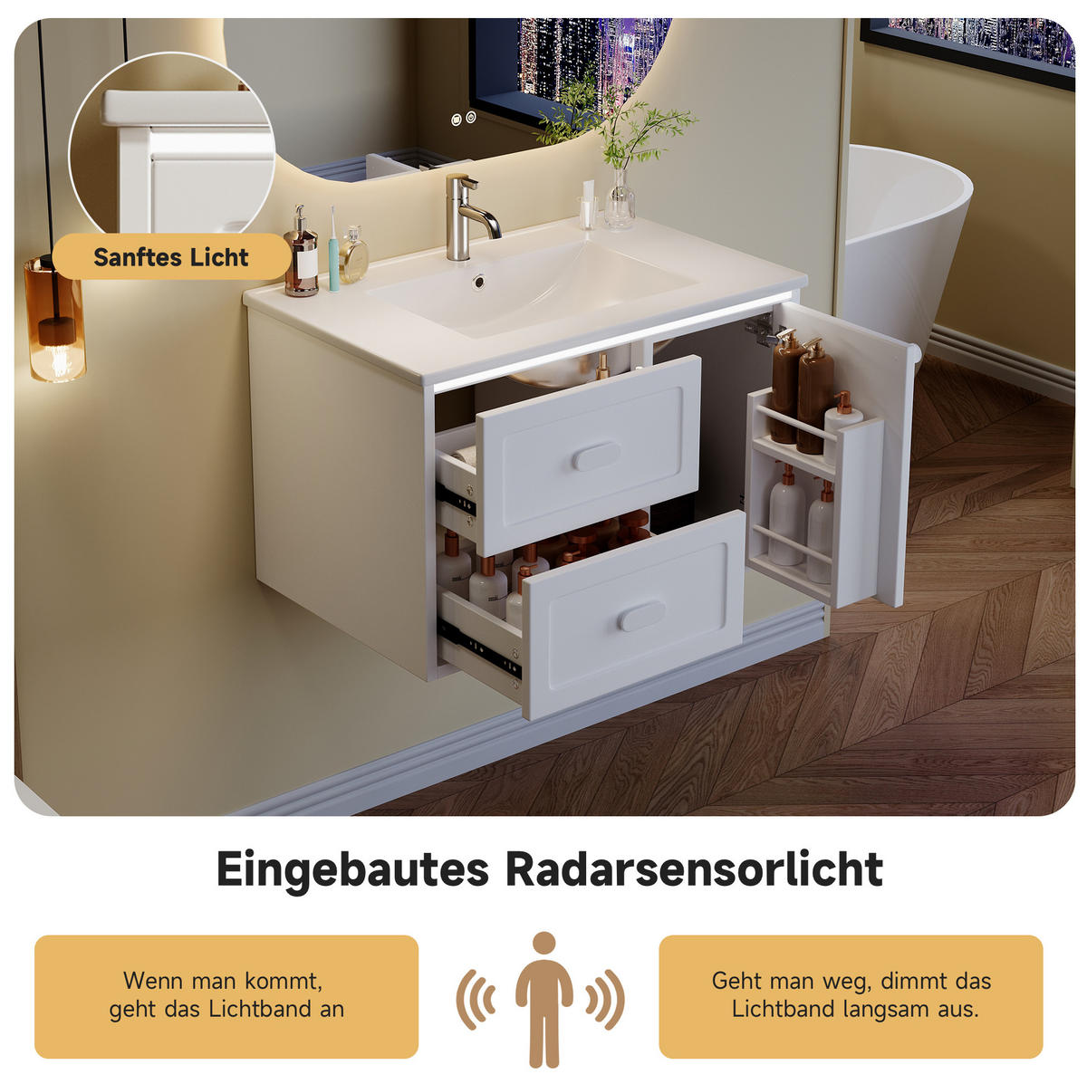 WASCHTISCHKOMBI 76/46/51 cm aus Keramik und MDF mit LED-Radarsensor-Beleuchtung - Weiß, Holzwerkstoff (76/51/46cm) - OKMYHOME