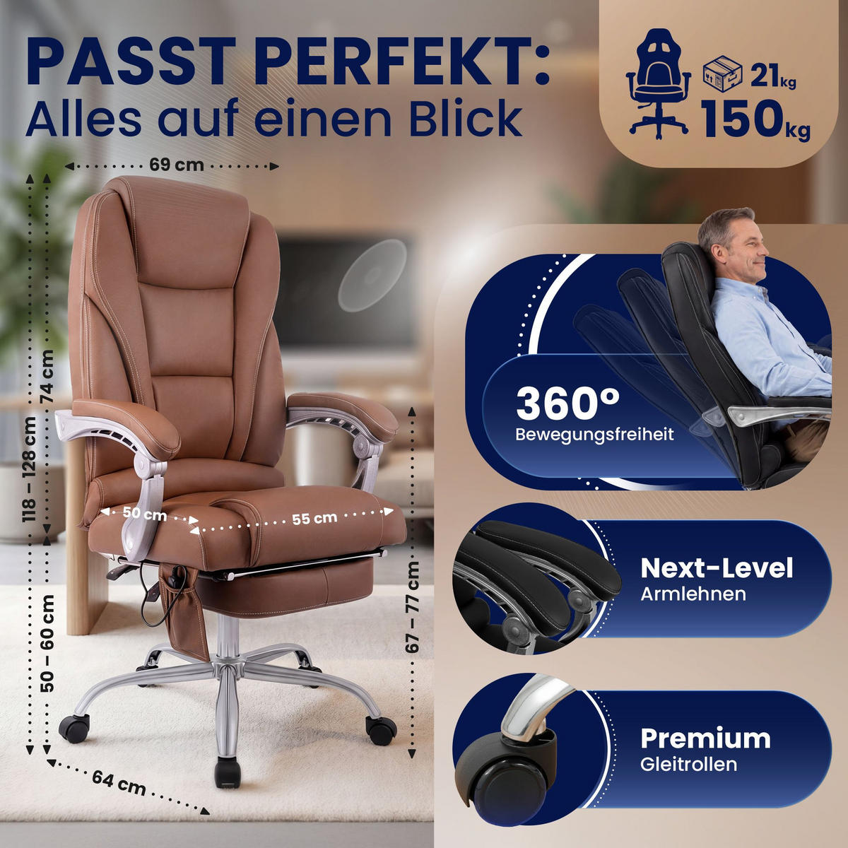 CHEFSESSEL Echtleder Hellbraun - Chromfarben/Hellbraun, Leder/Metall (69/118/64cm) - CLP