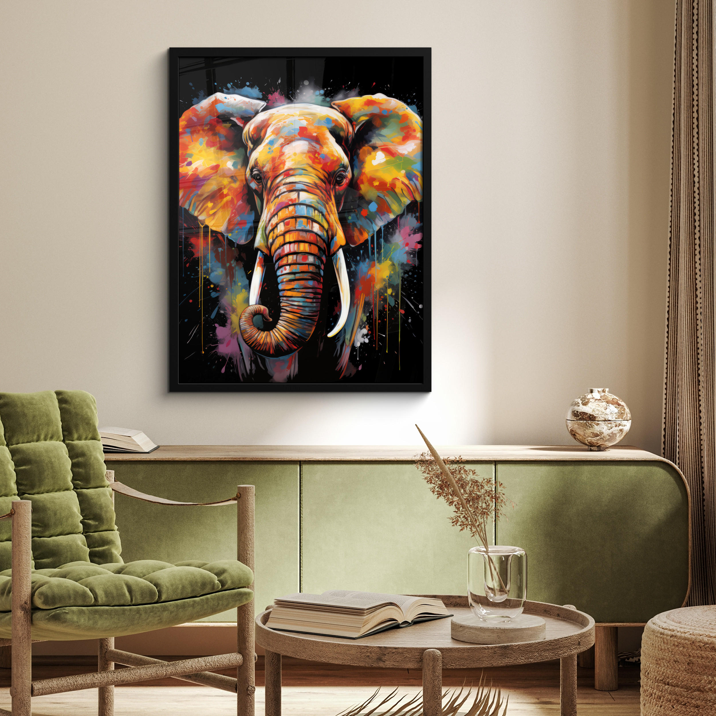 GERAHMTES BILD Elefant - Graffiti - Schwarz - Tiere - Farben 60x80 cm - Schwarz, Papier (60/80cm) - MuchoWow