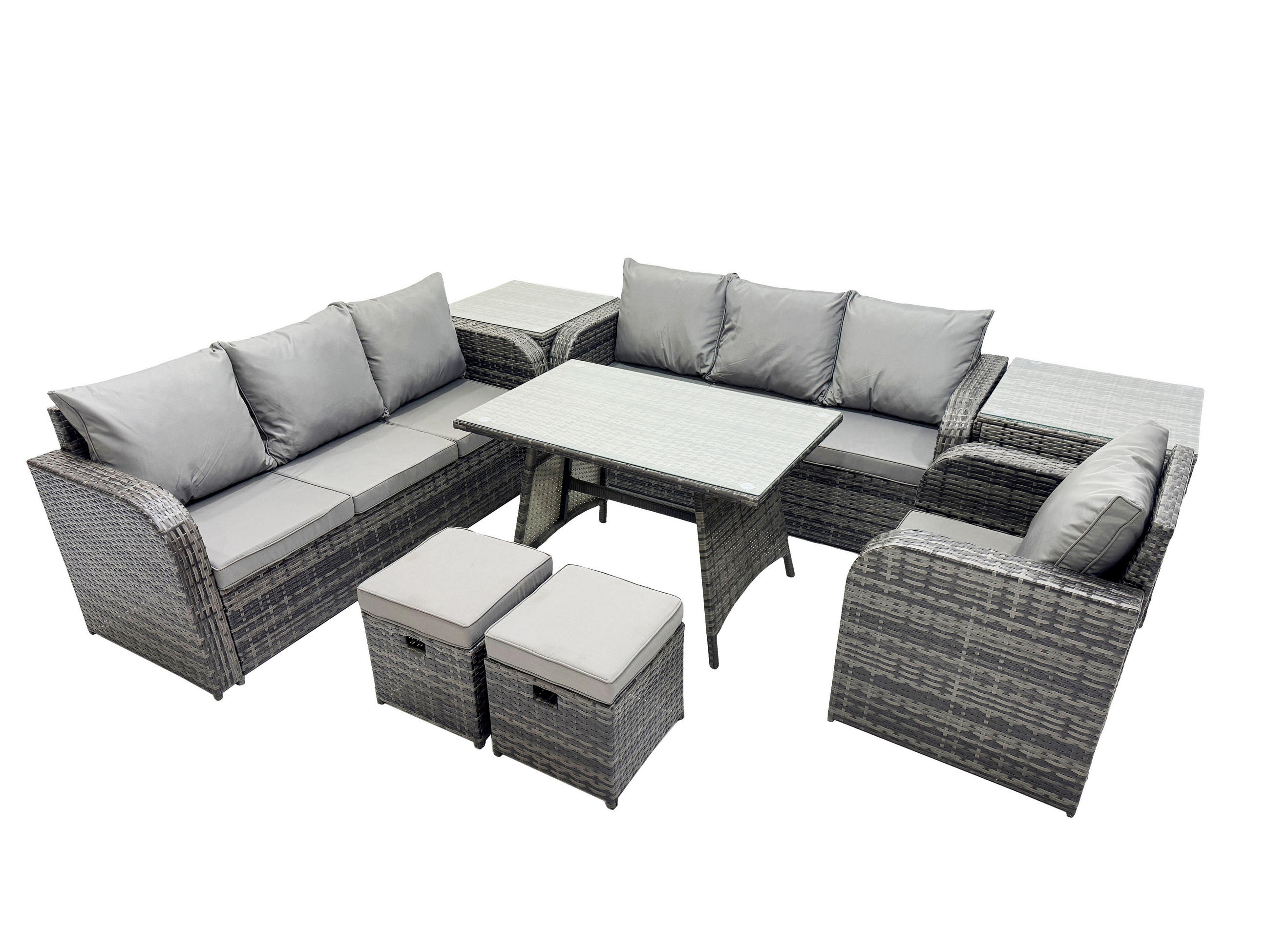 GARTENSET Hohe Rückenlehne Polyrattan 9-Sitzer - Dunkelgrau/Grau, Glas/Kunststoff - Fimous