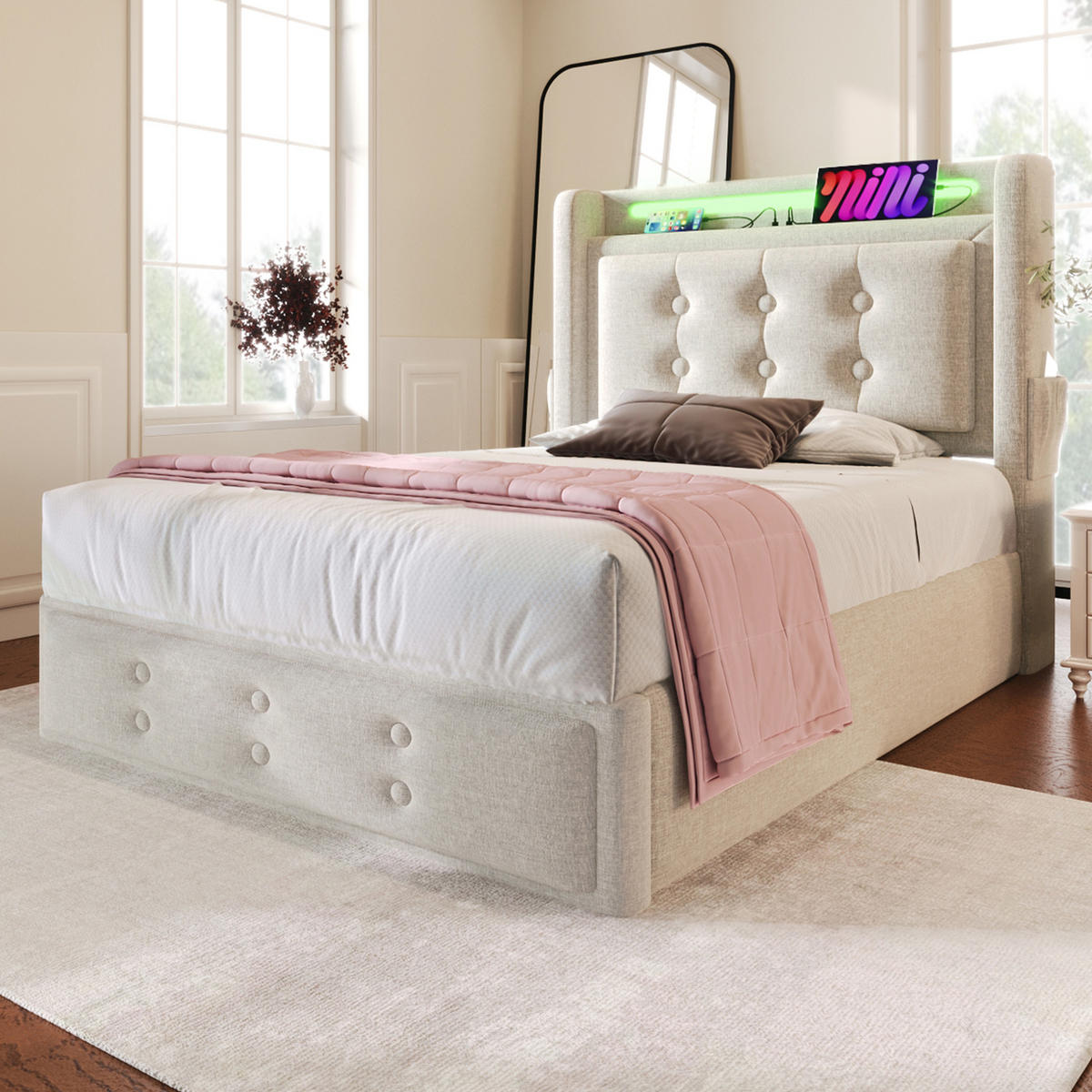 POLSTERBETT mit Stauraum, LED und Matratze 90x200 cm Beige - Weiß, Metall (90/200cm) - Beauniv