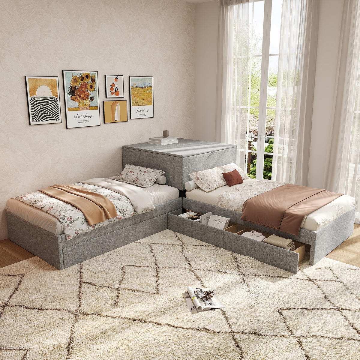 ECKEINZELBETT 90x200cm Grau Leinen Mit Stauraum & Ausziehbett - Grau, Naturmaterialien (90/200cm) - FLIEKS