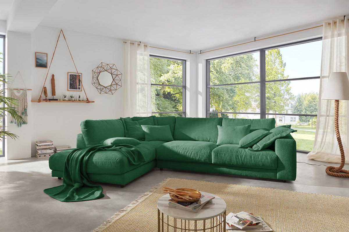 ECKSOFA MADELINE Smaragdgrün Cord - Smaragdgrün/Schwarz, Kunststoff/Textil (325/224cm) - KAWOLA
