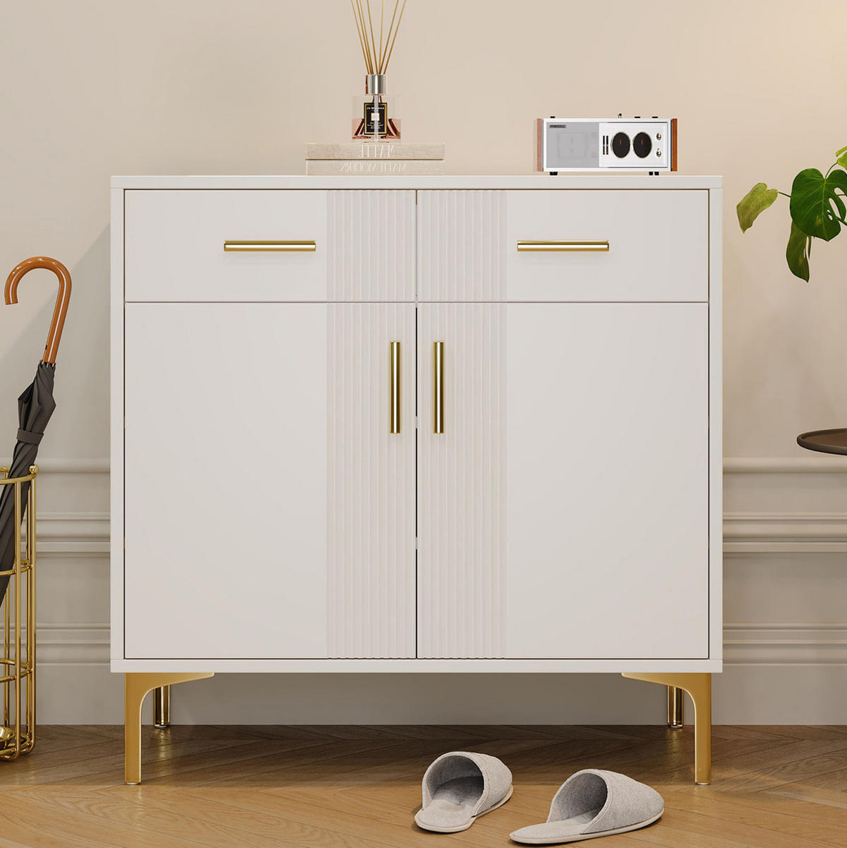 SIDEBOARD aus MDF 35x80x79,5 cm Weiß mit 2 Türen und 2 Schubladen, Wellenfront und Kippsicherung - Weiß, Holzwerkstoff (80/79.5/35cm) - Modfu