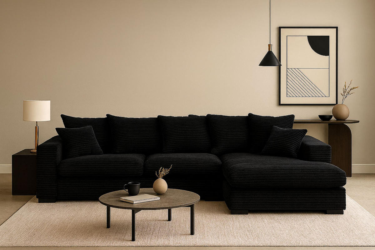 ECKSOFA Mit Schlaffunktion Und Bettkasten Couch L-form Gabon Stoff Zoom Schwarz Rechts - Schwarz, Holz (285/155cm) - Kaiser Möbel