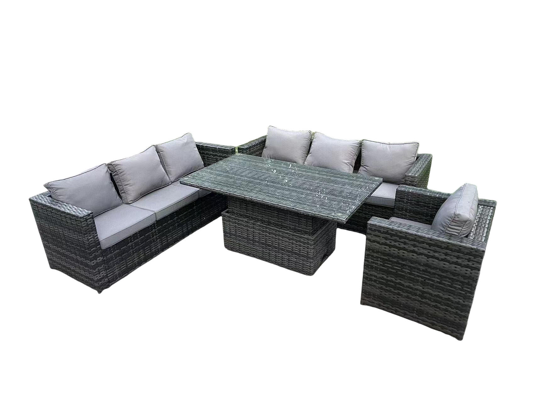 GARTENMÖBEL HÖHENVERSTELLBARER ESSTISCH SET MIT STUHL 7-Sitzer - Dunkelgrau/Grau, Glas/Kunststoff - Fimous