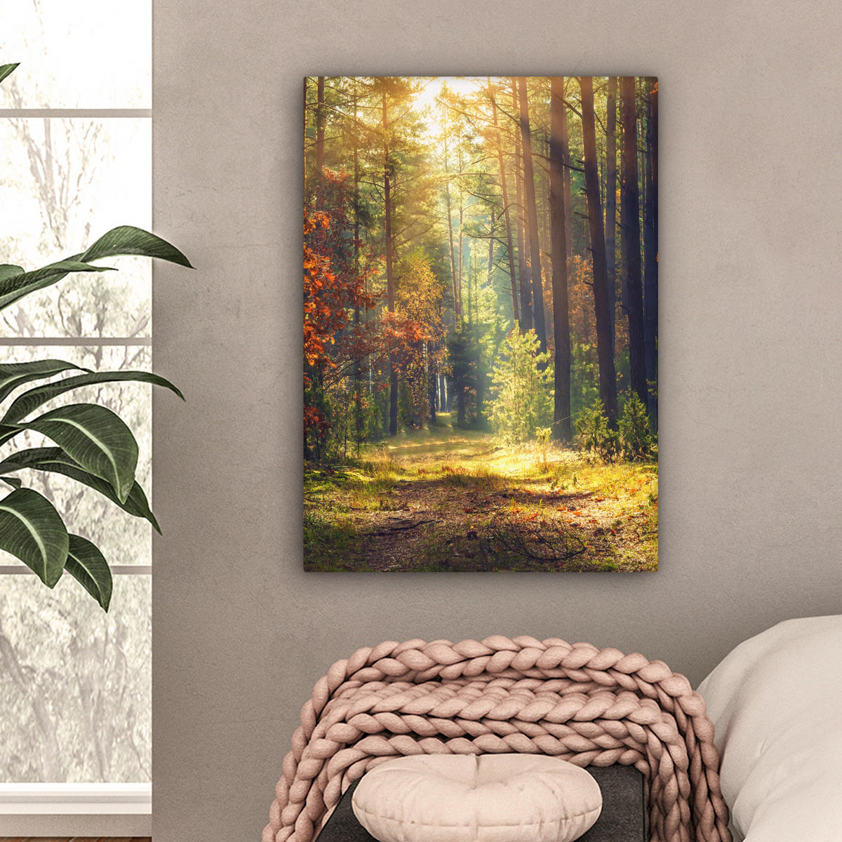 LEINWANDBILD Wald - Herbst - Bäume Wandbild Wohnzimmer 60x80 cm - Dunkelgrün, Textil (60/80cm) - MuchoWow