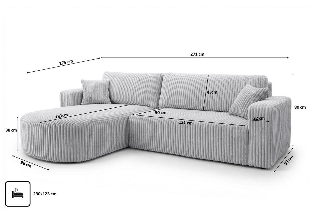 ECKSOFA Mit Schlaffunktion, Cordstoff Tilia, Grau, Links, ROUND ONE XL - Grau, Holz (271/175cm) - Kaiser Möbel