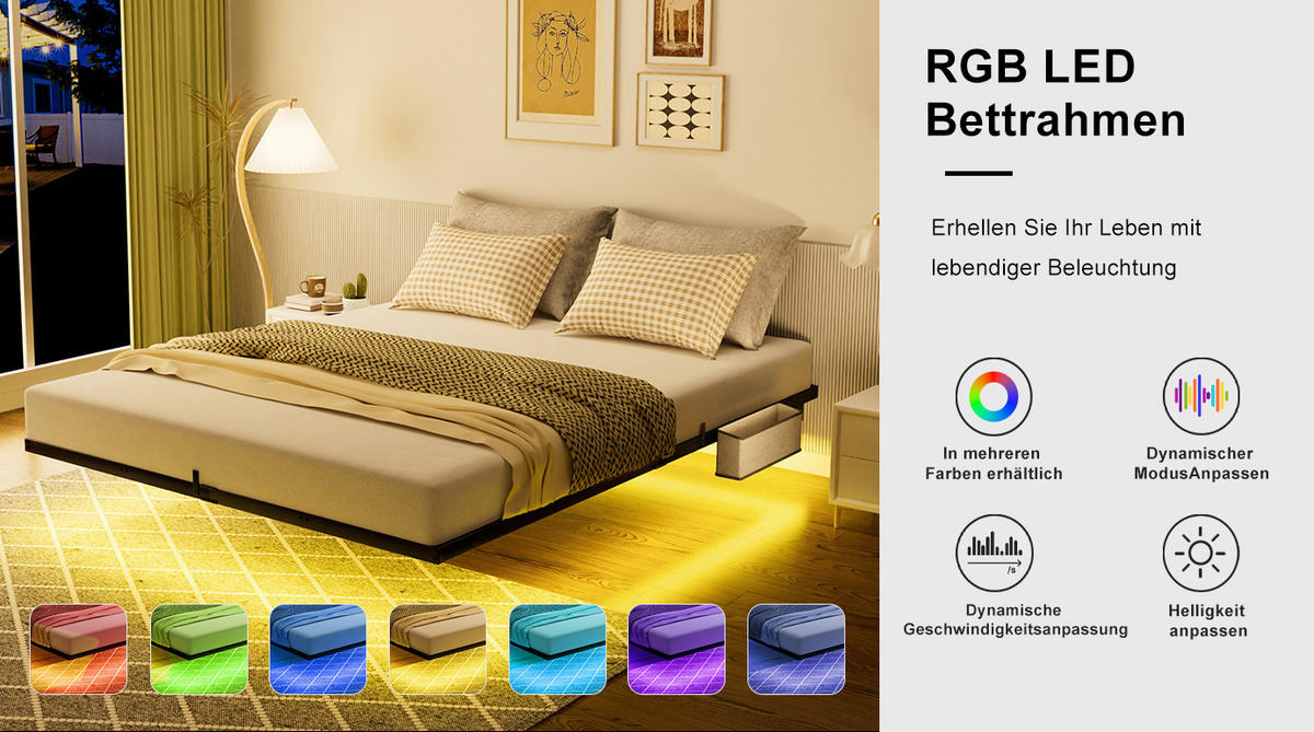 METALLBETT 140/200 cm in Schwarz mit LED, USB und Type-C - Schwarz, Metall (140/200cm) - CHICFURN