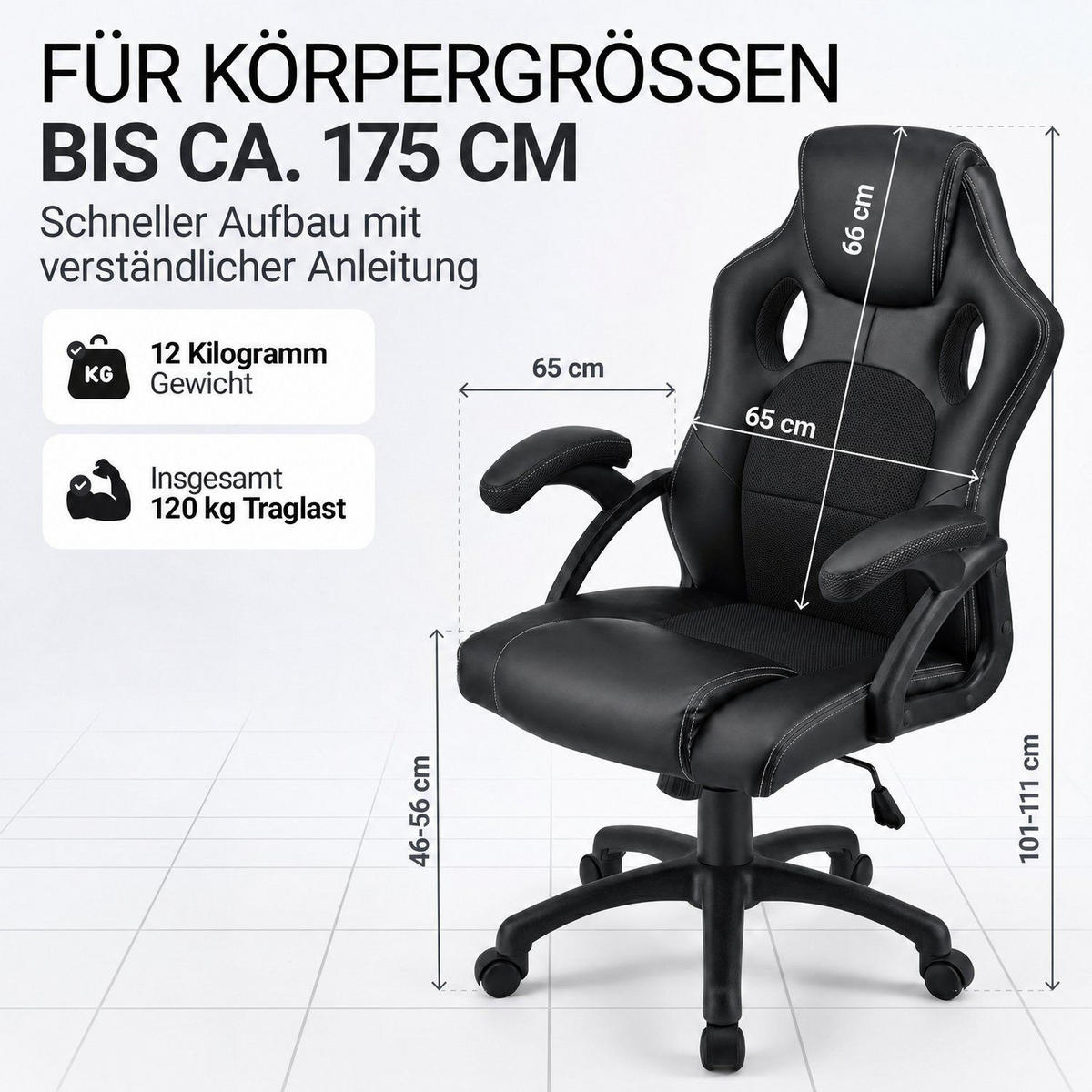 SCHREIBTISCHSTUHL Montreal Schwarz - Schwarz, Textil (47/111/52cm) - Juskys