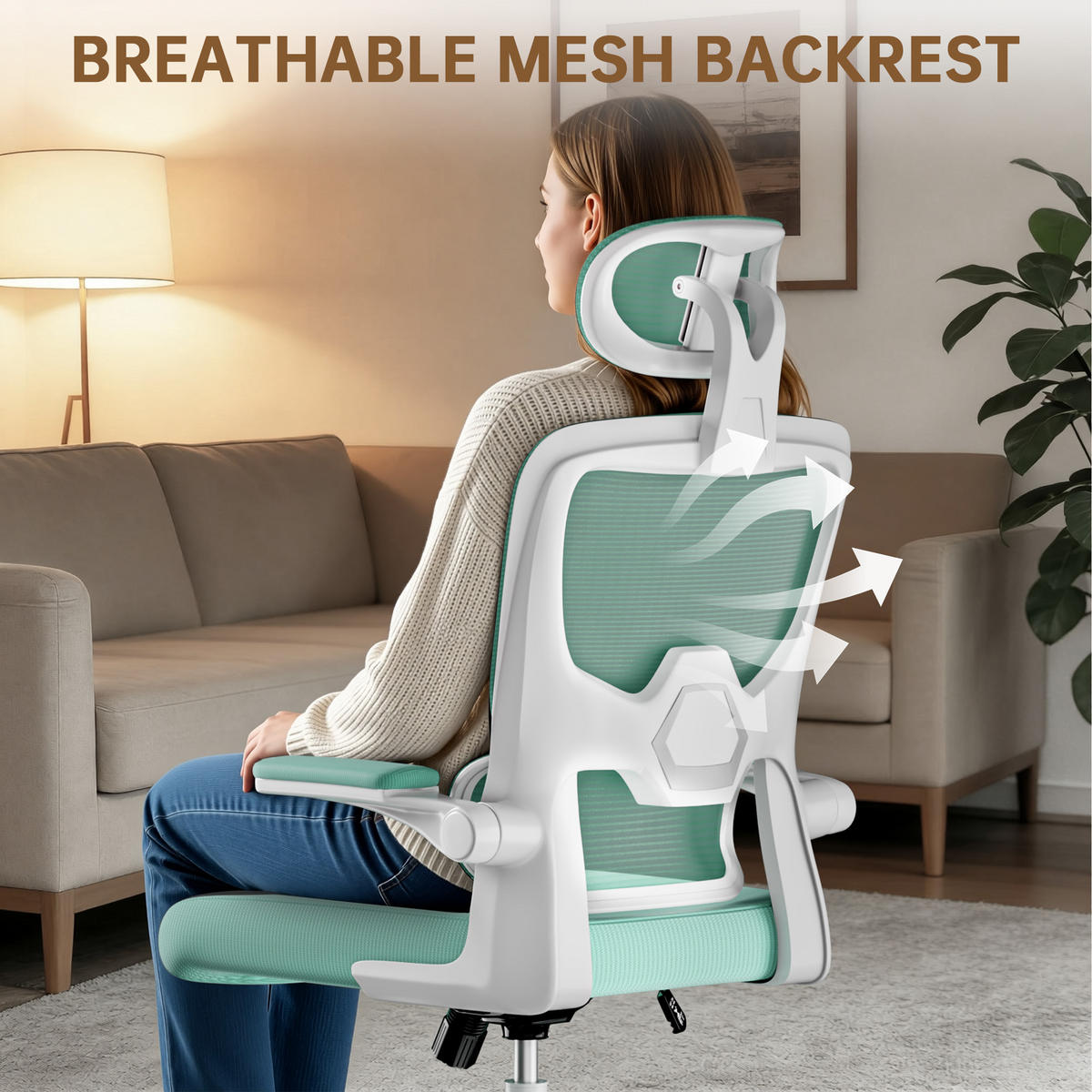 BÜROSTUHL Weiß-Grün ergonomisch mit klappbaren Armlehnen - Grün, Metall (25/52.5/65cm) - Rattrix