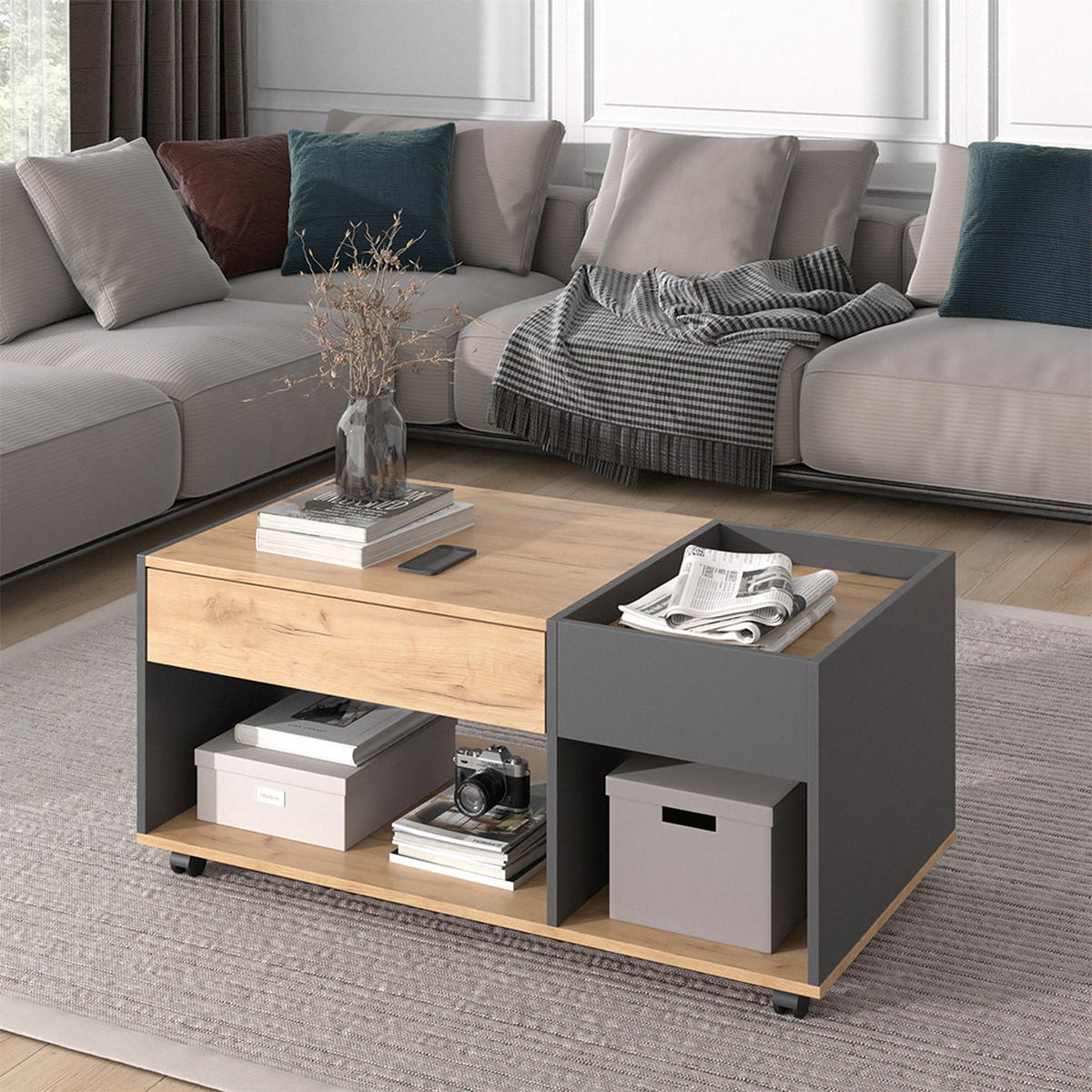 COUCHTISCH Maik Goldkraft Eiche/Anthrazit 110 x 60 cm mit Schublade - Anthrazit/Eiche Wotan, Holzwerkstoff (60/110/49.5cm) - Vicco