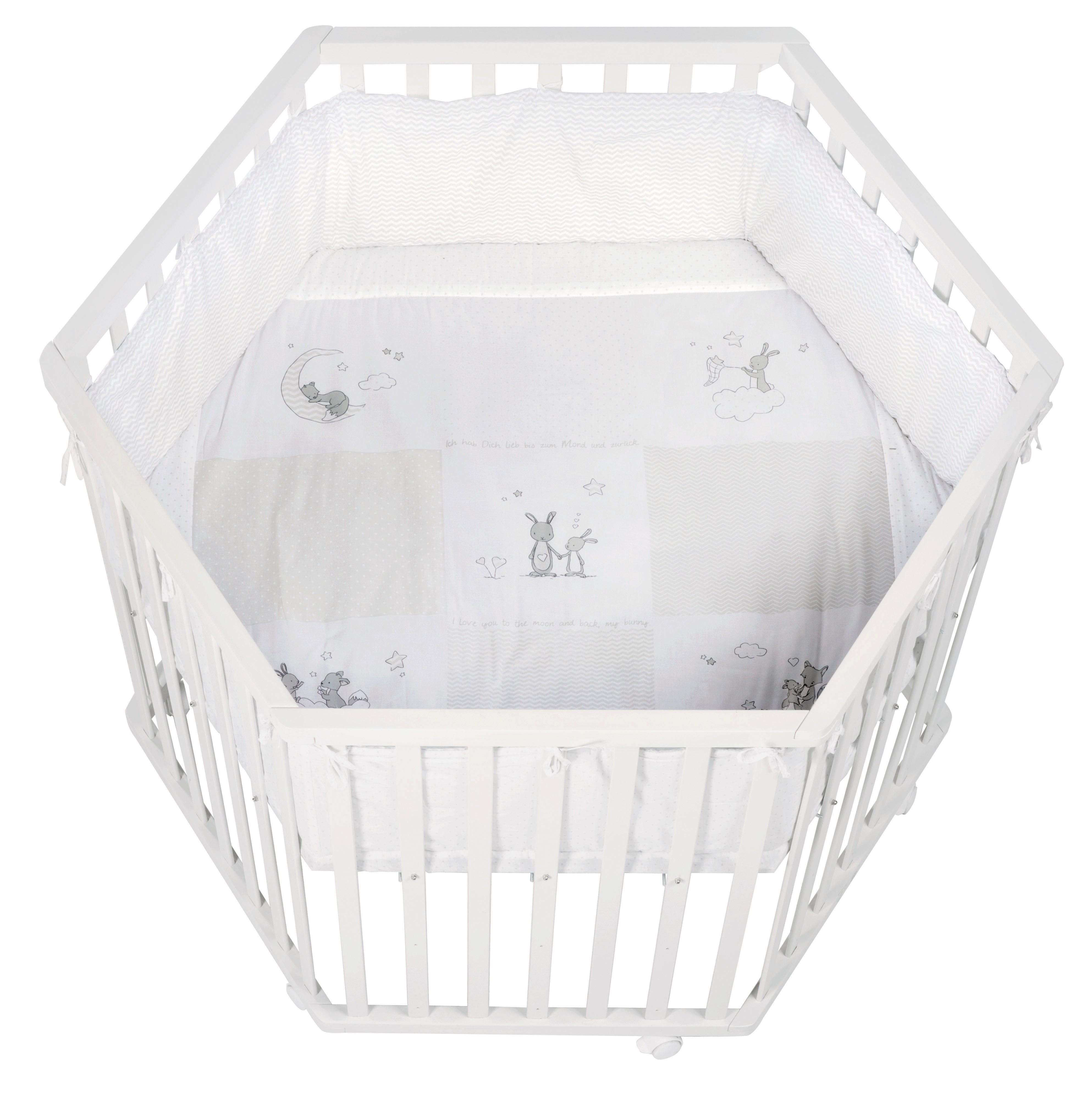 LAUFGITTER 6-eckig, Fox & Bunny - Weiß, Holzwerkstoff (118.5/72.5/103.5cm) - Roba