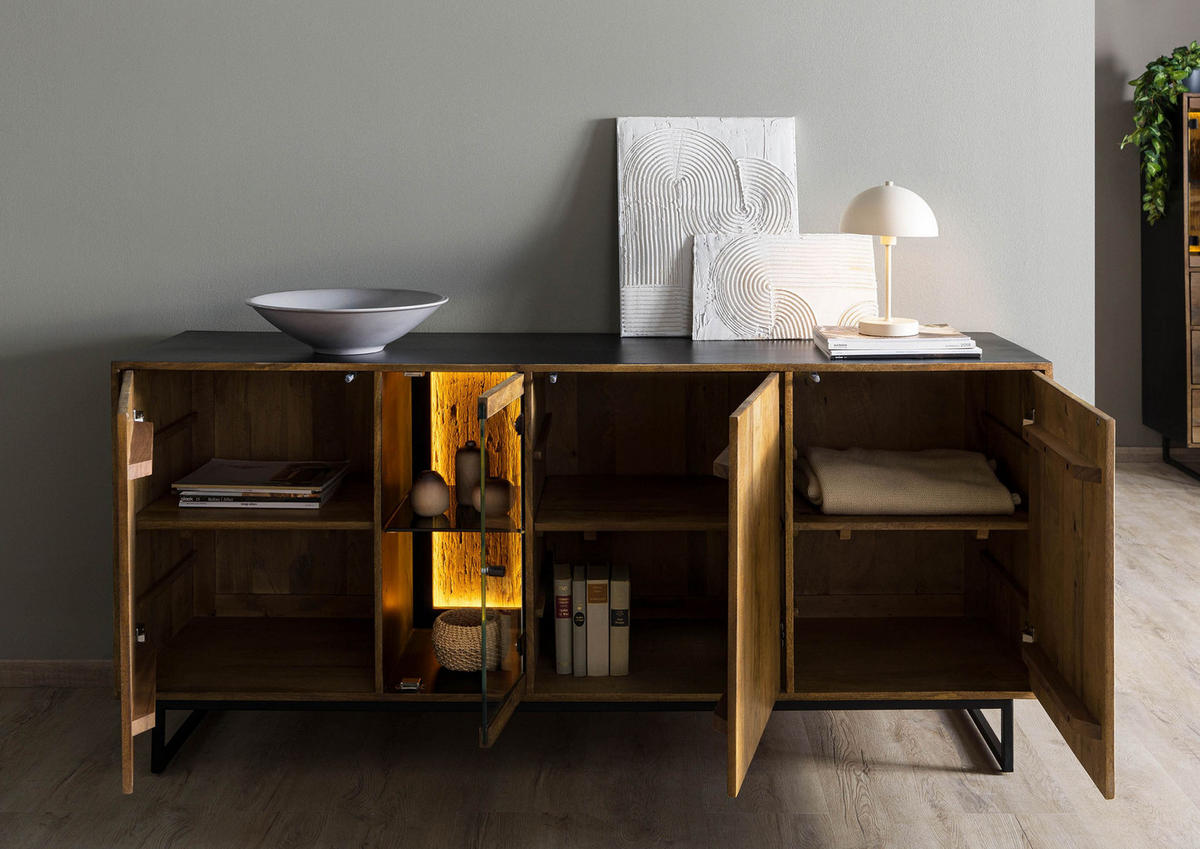 SIDEBOARD Mango / Altholz 180x47x81 schwarz / natur lackiert DAVIS #21 - Schwarz, Holz (180/81/47cm) - Massivmoebel24