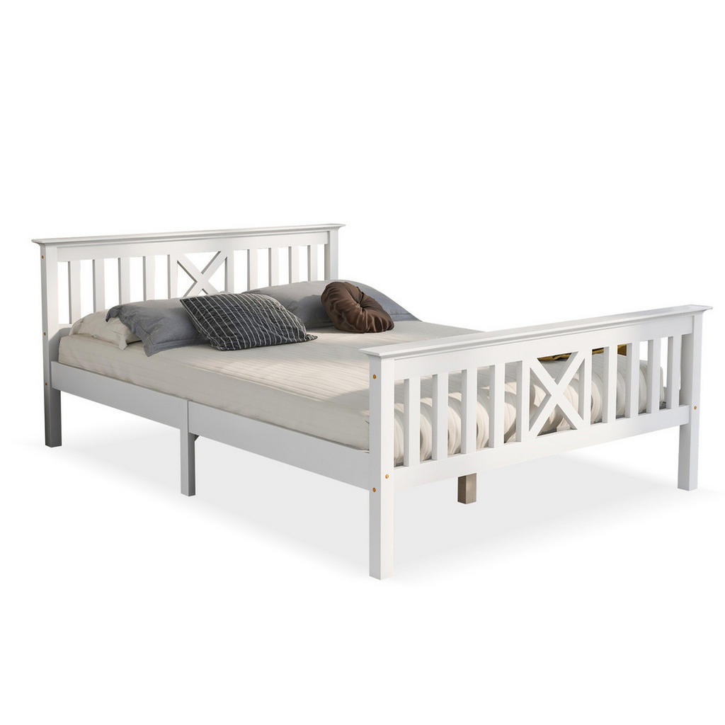 OKWISH MANŽELSKÁ postel 140/200 cm bílá z masivního dřeva s X čelem a roštem