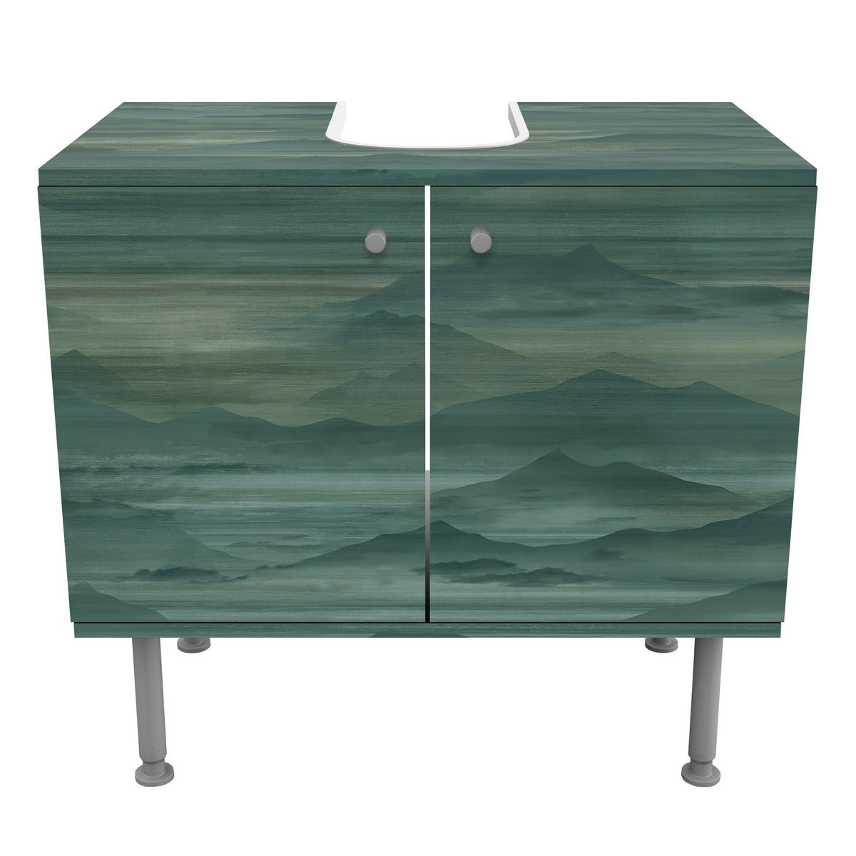 WASCHBECKENUNTERSCHRANK Berge im Nebel Grün 60/55/35 cm - Grün, Holzwerkstoff (60/55/35cm) - Bilderwelten