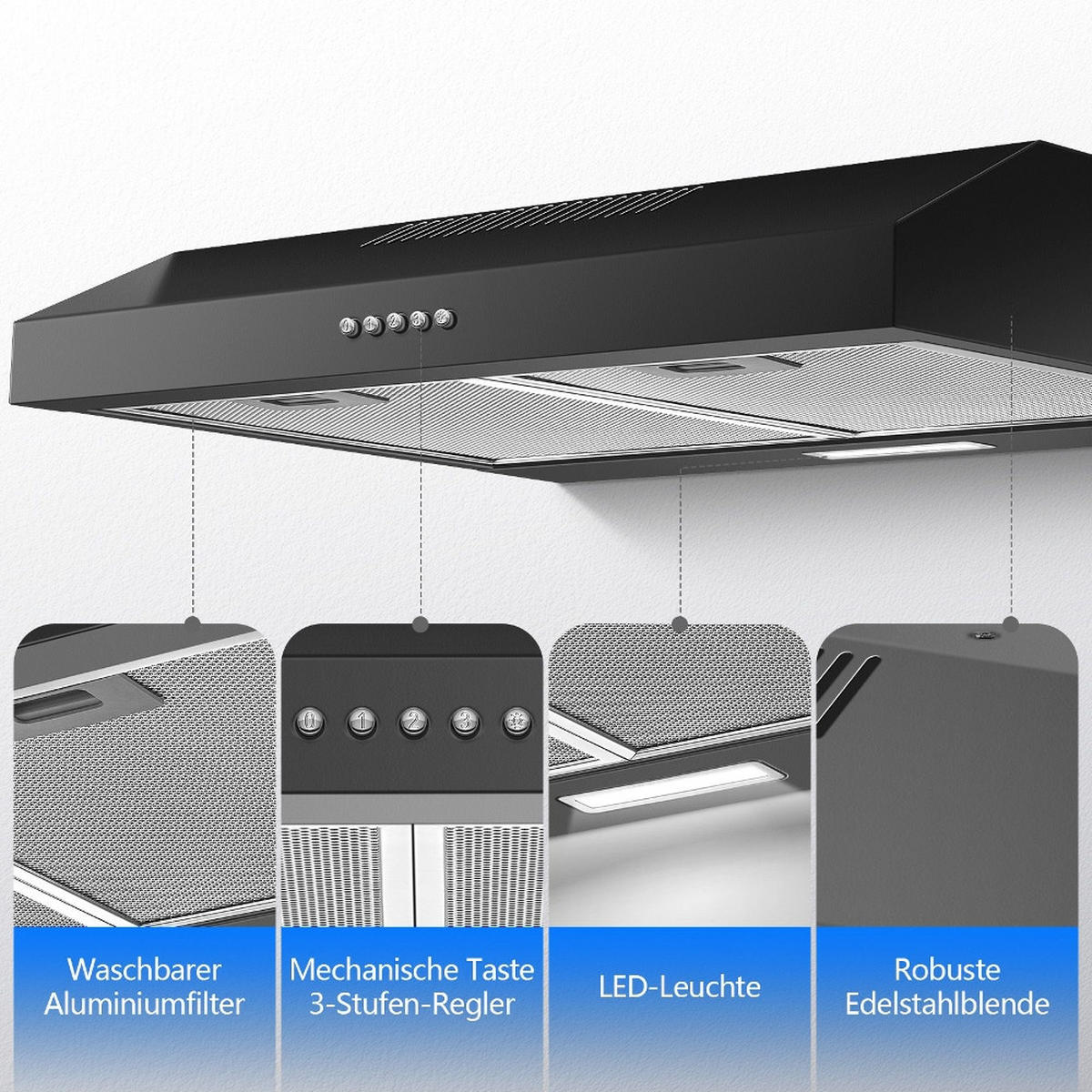 DUNSTABZUGSHAUBE Unterbau, ENERGIEEFFIZIENZKLASSE A+, 250 M³/h, Mit LED Beleuchtung, Edelstahl, Für Küchen, 60 Cm - Schwarz, Metall (14.02/49.02/64cm) - Rolipo