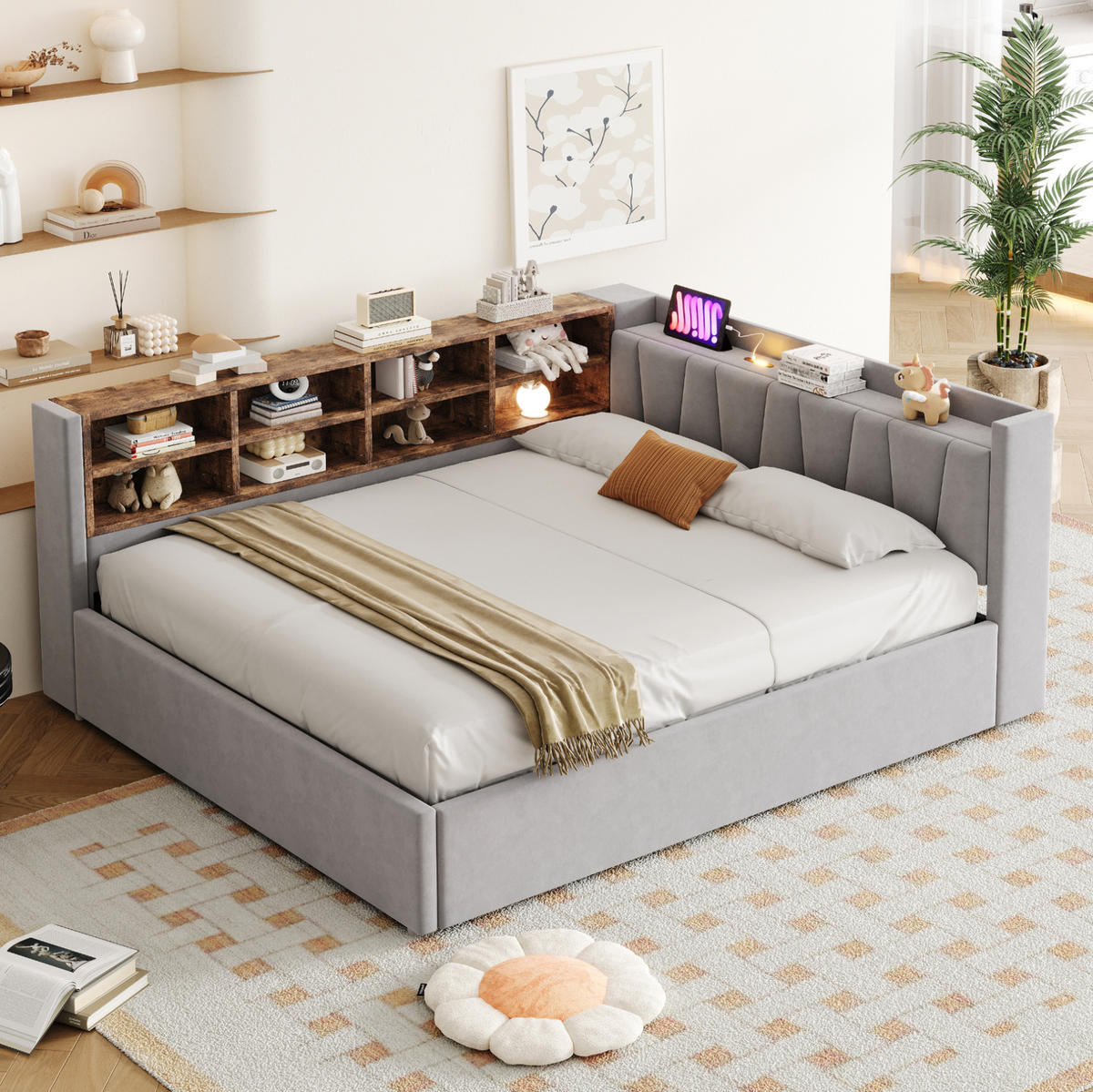 POLSTERBETT 140x200 cm in Hellgrau mit hydraulischem Stauraum und USB-C-Anschluss - Hellgrau, Textil (140/200cm) - IVMEU
