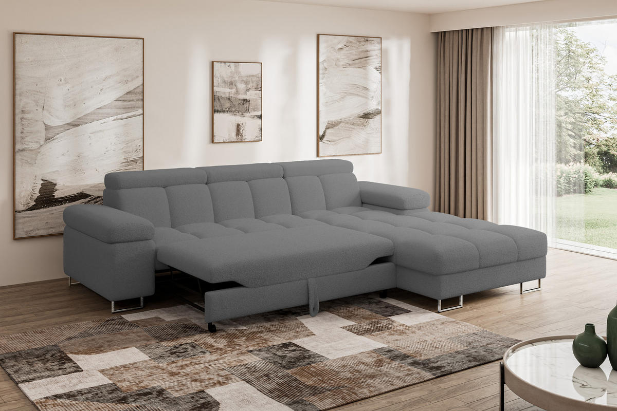 ECKSOFA mit Schlaffunktion Ottomane Rechts COMA L 271x203x79 Grau Bouclé - Chromfarben, Holzwerkstoff/Textil (203/271cm) - ALTDECOR