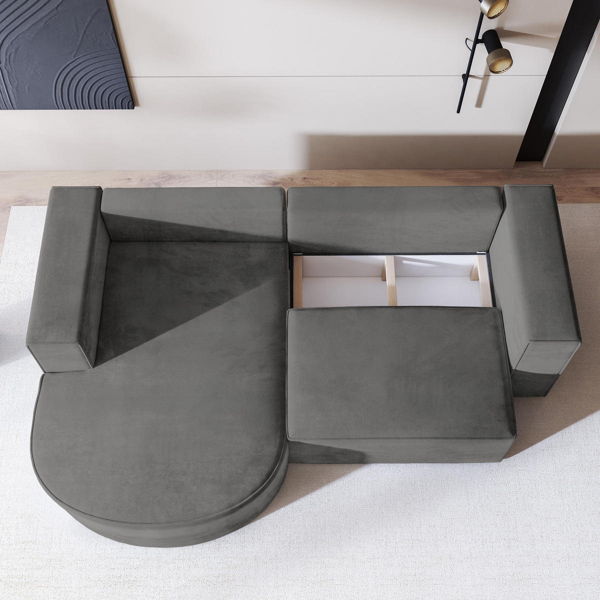 ECKSOFA SORELA M L-S Grau Velours-Stoff mit Schlaffunktion - Grau, Holz (263/174cm) - MASSENO