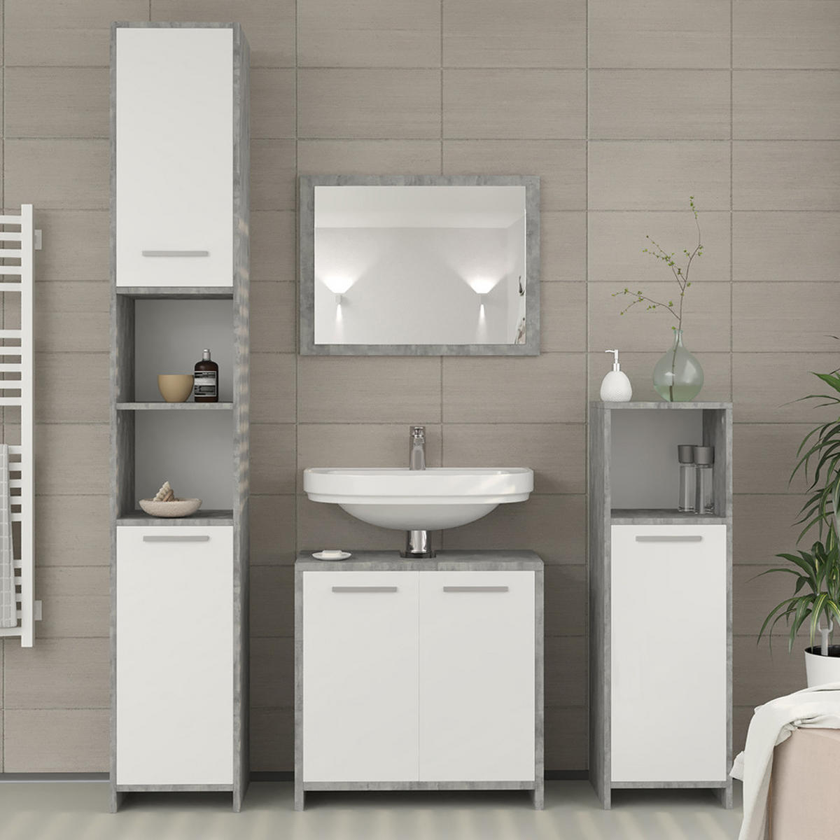 BADMÖBEL-SET Kiko Beton 4 Teile - Weiß/Grau, Holzwerkstoff (58/60/33cm) - Vicco