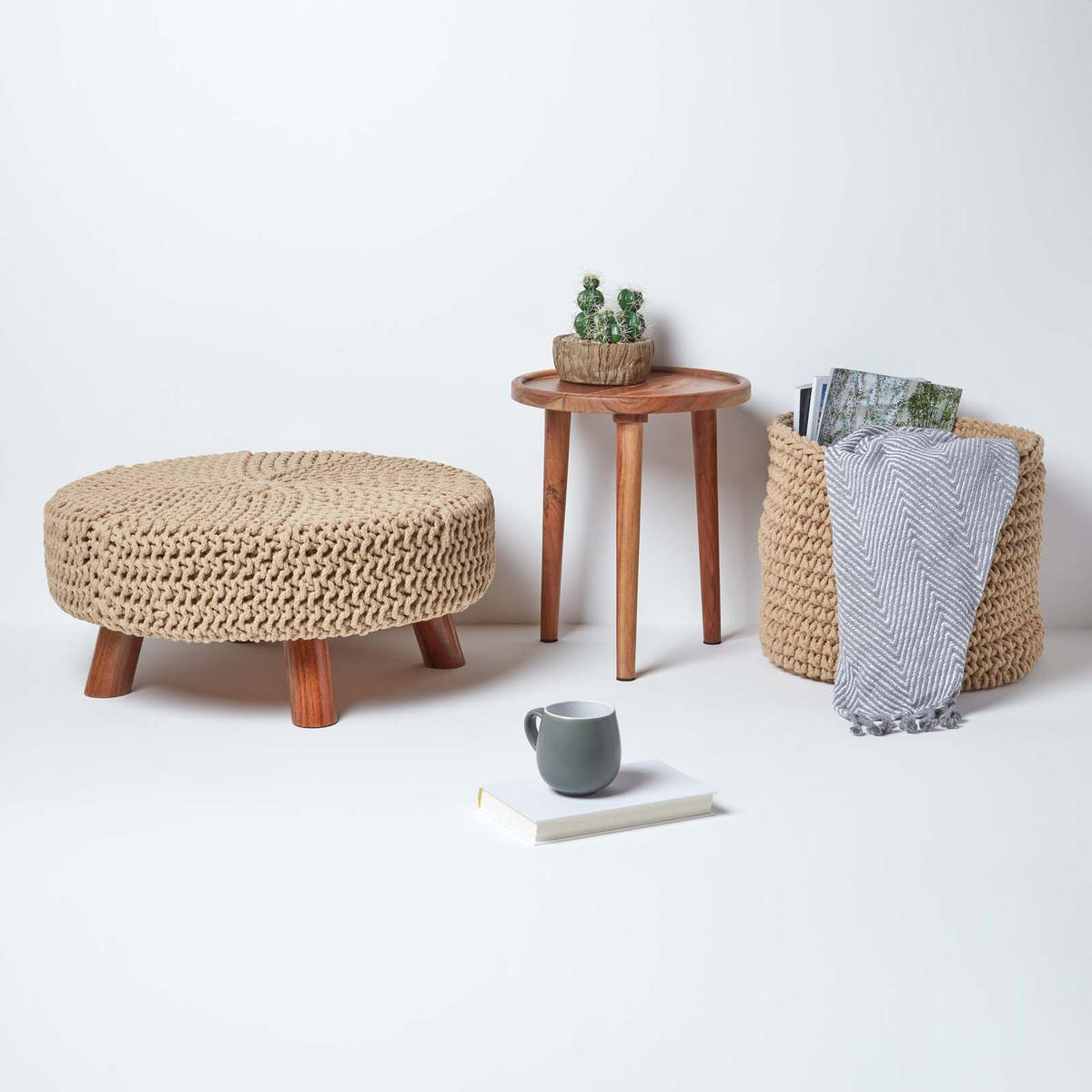STRICK-HOCKER natur, rund 62/62/30 cm - Naturfarben, Textil (62/30/62cm) - Homescapes
