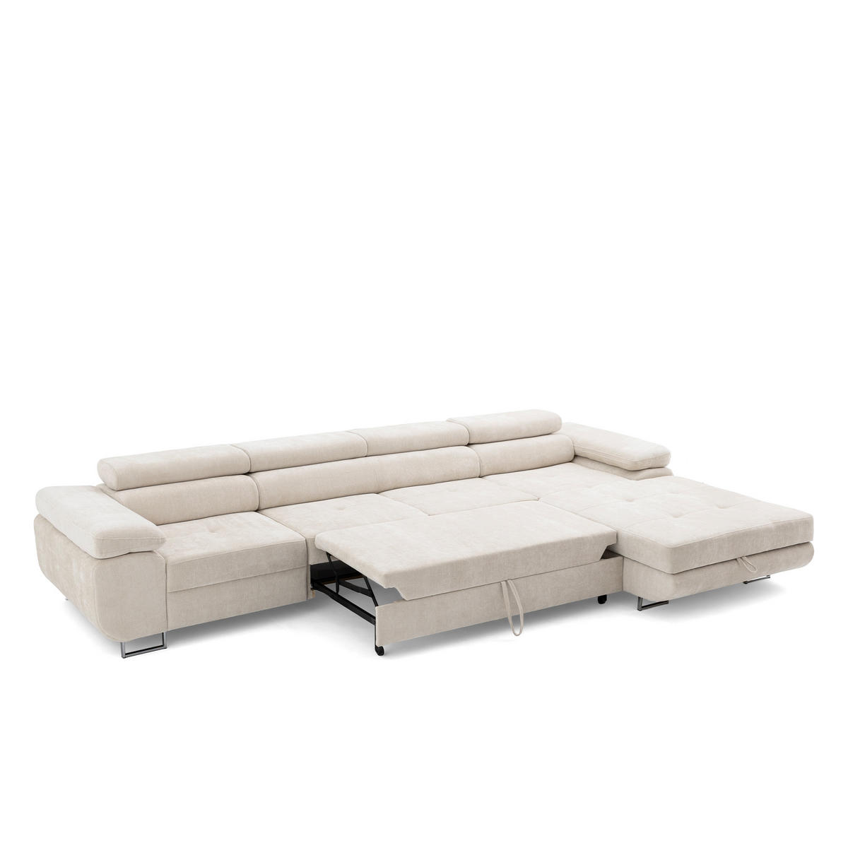 ECKSOFA ALONZO MAXI Rechts mit Schlaffunktion 125x195 Chenille Beige - Chromfarben/Beige, Holz/Textil (350/203cm) - Muffo