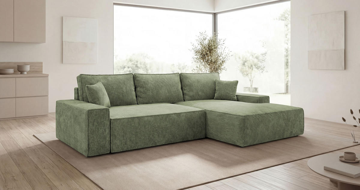 ECKSOFA VERONA rechts hellgrün Cord Poso 47 - Schlaffunktion, Bettkasten - Hellgrün, Textil (280/184cm) - Cornero