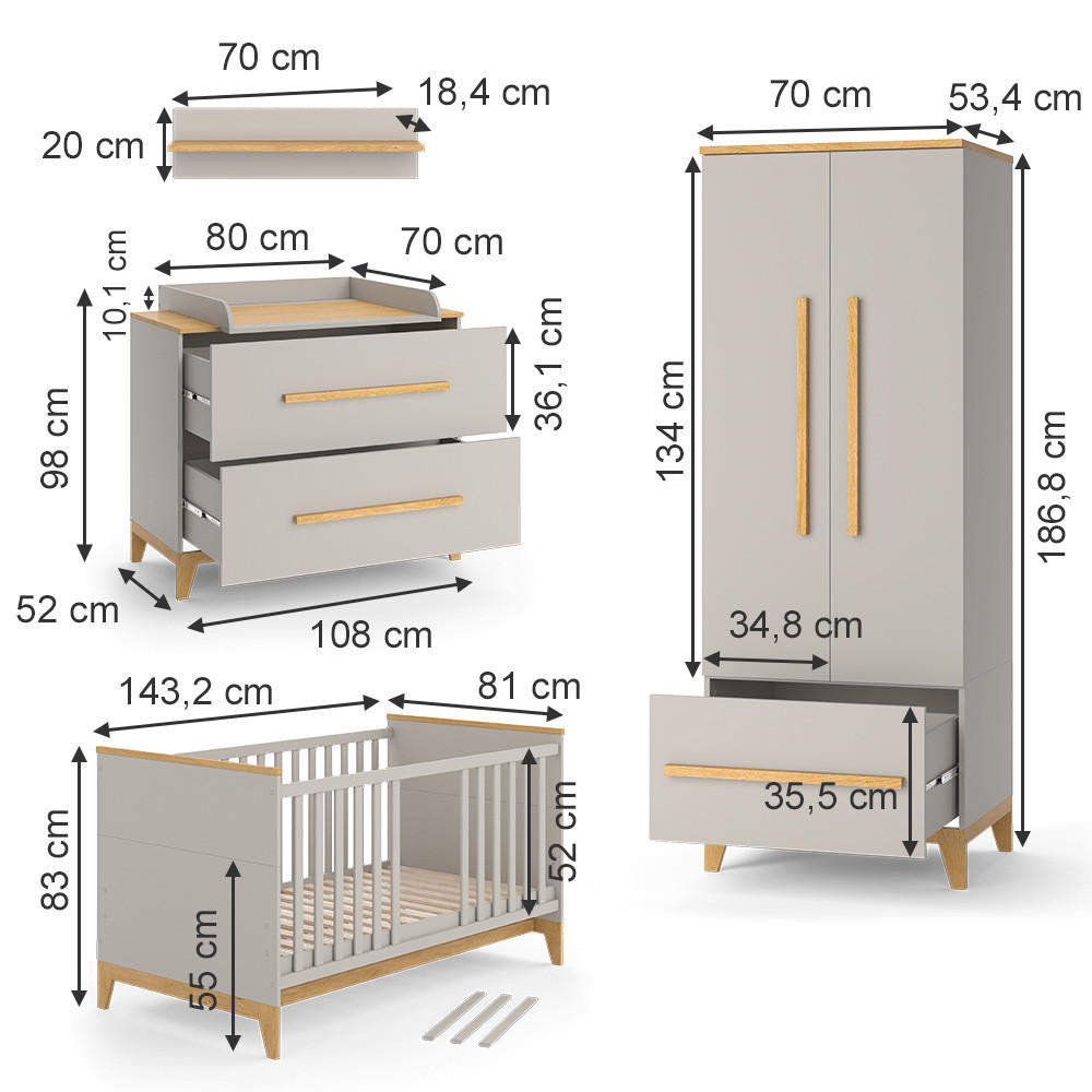 KINDERZIMMER-SET Malia Cashmere-Eiche 5 Teile - Kaschmir/Eichefarben, Holzwerkstoff (108/98/70cm) - VitaliSpa