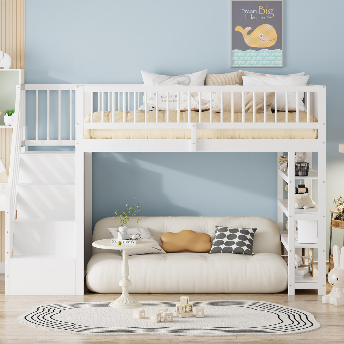 HOCHBETT 90/200 cm weiß mit Sicherheitsausschnitt und Stauraum mit Matratze - Weiß, Holzwerkstoff (90/200cm) - OKWISH