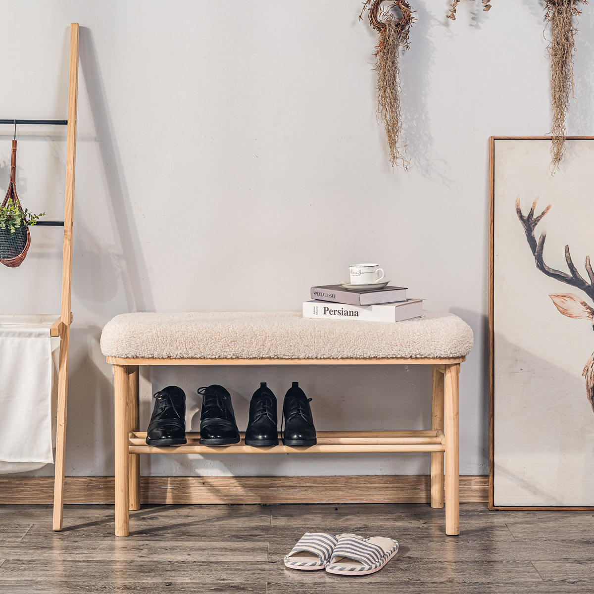 SITZBANK Rattan Weiß - Weiß, Holz (90/45.5/35cm) - Nordlys