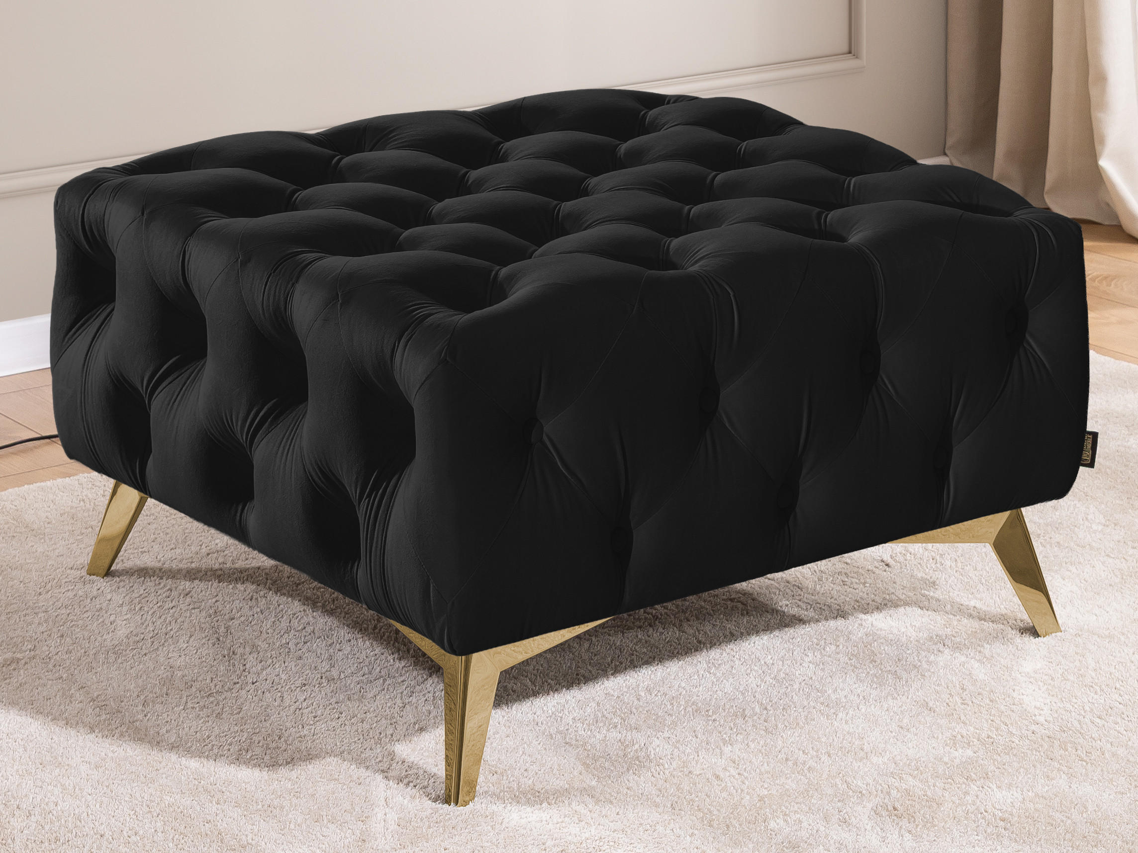 HOCKER Chesterfield Whitby Schwarz Samt mit goldenen Füßen - Goldfarben/Schwarz, Holz/Textil (80/45/80cm) - S-Style Möbel