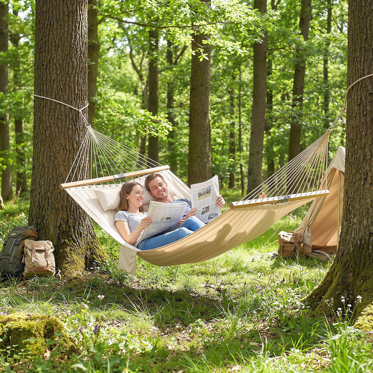 HÄNGEMATTE Buchenholz Polyester Cremeweiß - Creme, Holz (140/2.5/325cm) - Outsunny