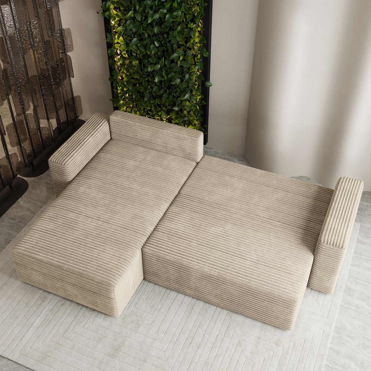 ECKSOFA CALTI T Creme Kordstoff mit Schlaffunktion - Creme, Holzwerkstoff/Textil (283/183cm) - MASSENO