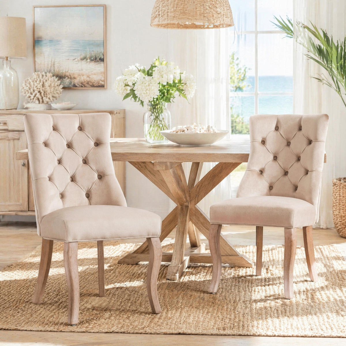 WOHNZIMMER STÜHLE mit Knopfsteppung, hoher Rückenlehne und Samt in Beige - Beige, Textil (51/97/51cm) - EVRYAE