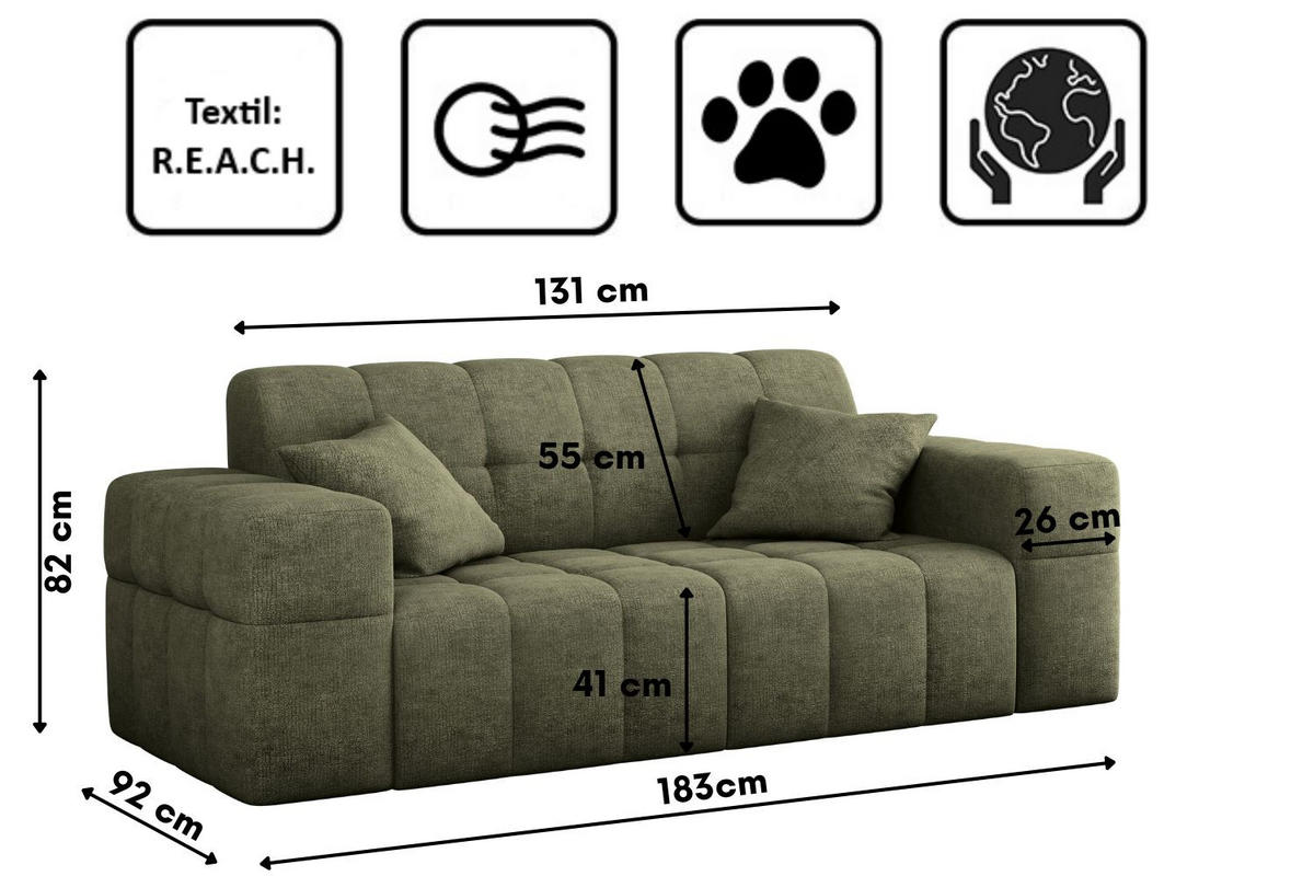 SOFA 2 Sitzer NIMES Stoff Perfect Harmony Grün - Grün, Holz/Kunststoff (183/82/92cm) - Kaiser Möbel