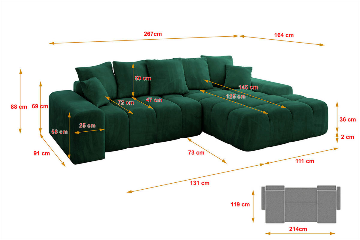 ECKSOFA Ottomane Rechts ENSI-L - 267x164x88 cm Dunkelgrün - Dunkelgrün, Holzwerkstoff/Kunststoff (164/267cm) - ALTDECOR