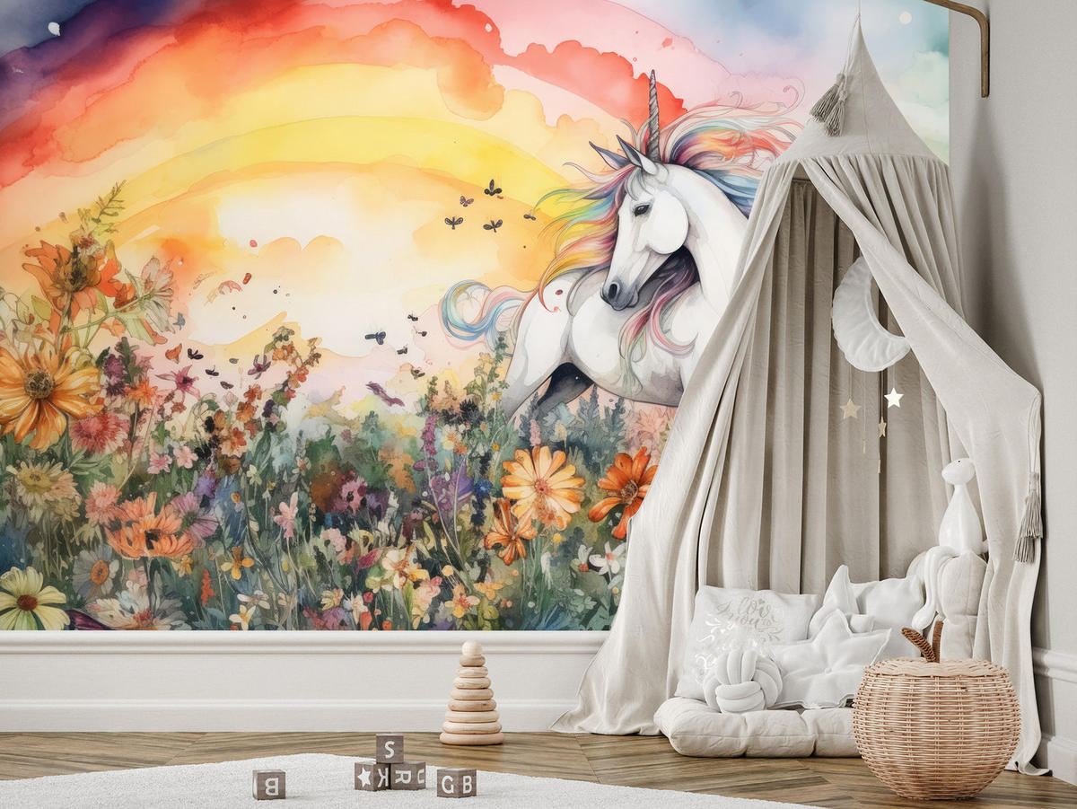 FOTOTAPETE für Kinderzimmer Einhorn Blumen Wiese Regenbogen Magisch Rosa 350x256 - Gelb/Rot, Papier (350/256cm) - Muralo
