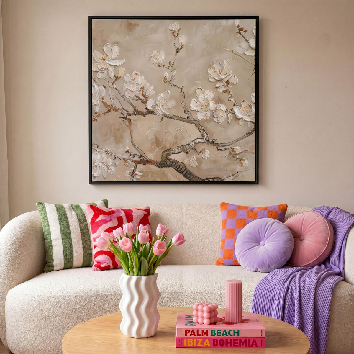 LEINWAND Bilder mit Rahmen - Blumen - Modern - Beige - Weiß - Blüte - 90x90 - Beige, Textil (90/90cm) - MuchoWow