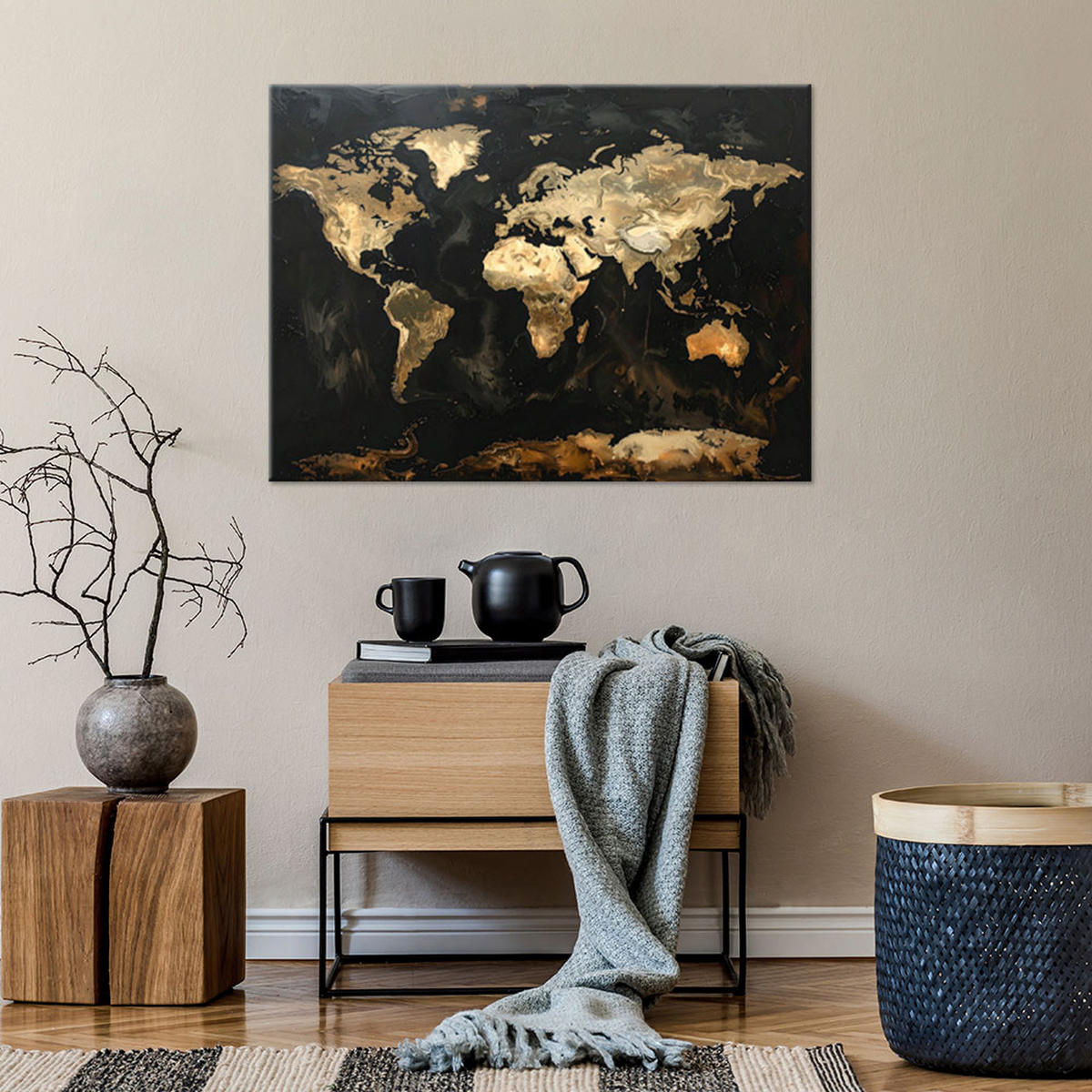 BILD auf Leinwand, Goldene Weltkarte auf schwarzem Hintergrund - Schwarz, Textil (30/20cm) - Feeby